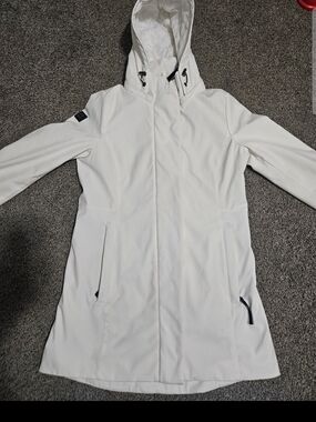 DKNY White Hooded Jacket Womens Small Logo Sleeve Softshell Coat